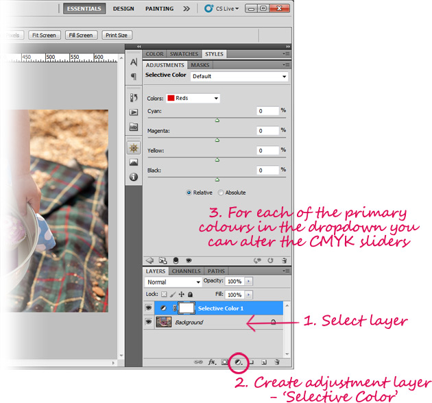 how to set 'selective color' adjustment layers